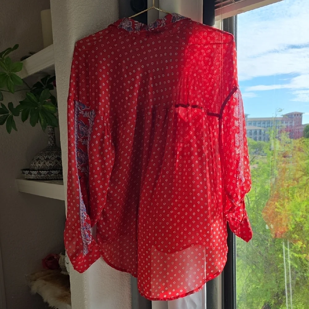 Free People Red and White Puff Sheer Sleeve Blouse Polka Dot Medium